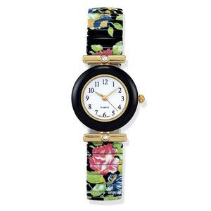 Black Floral Stretch Band Watch Crystal Accents Easy Read Dial Marble Case